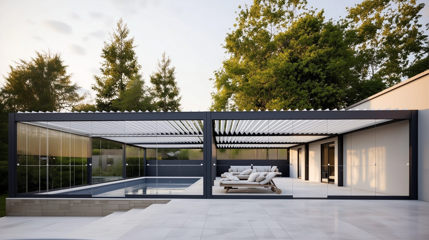 “Luxury aluminium pergola with rotating louvers and full sliding glass walls enclosing a modern outdoor pool area beside a contemporary home.”