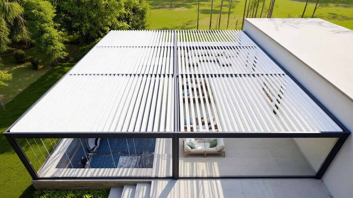 Casa Pergola PergoSpa enclosure with rotating aluminium louver roof and full sliding glass walls, covering a luxury pool and lounge area in a modern garden setting.