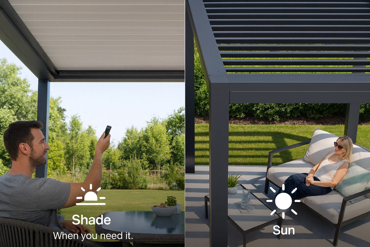 Remote control opening louvers on free standing pergola for shade and sunlight control