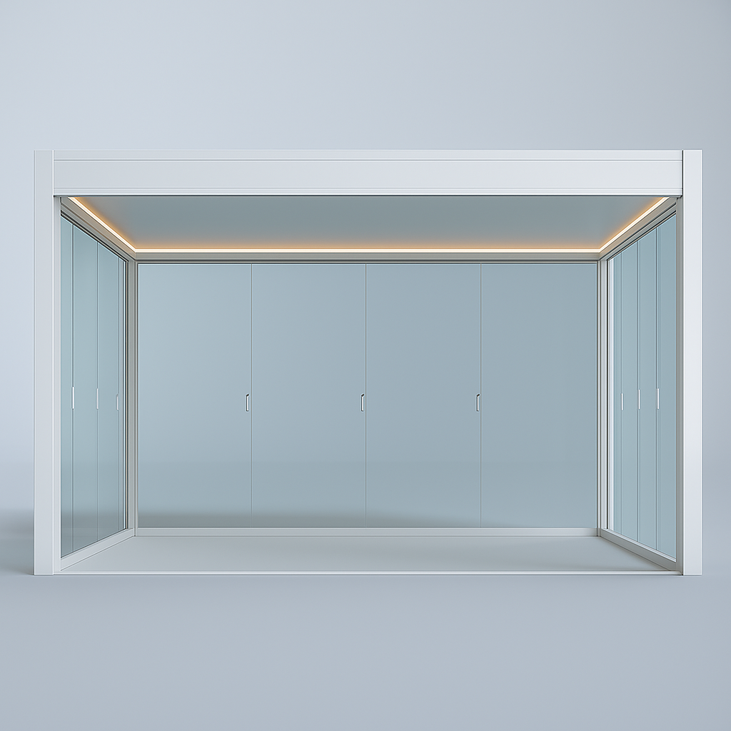 Modern glass wall with white frame on a light gray background